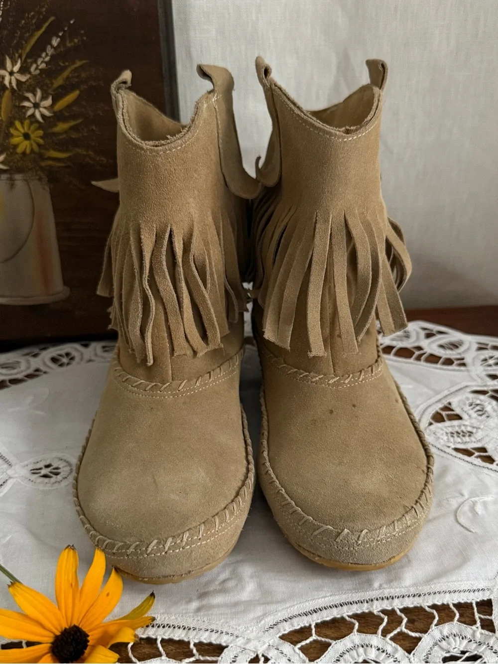 Sundance Suede Fringe Moccasin Ankle Boots 36 US 6 Beige Boho Italy Booties